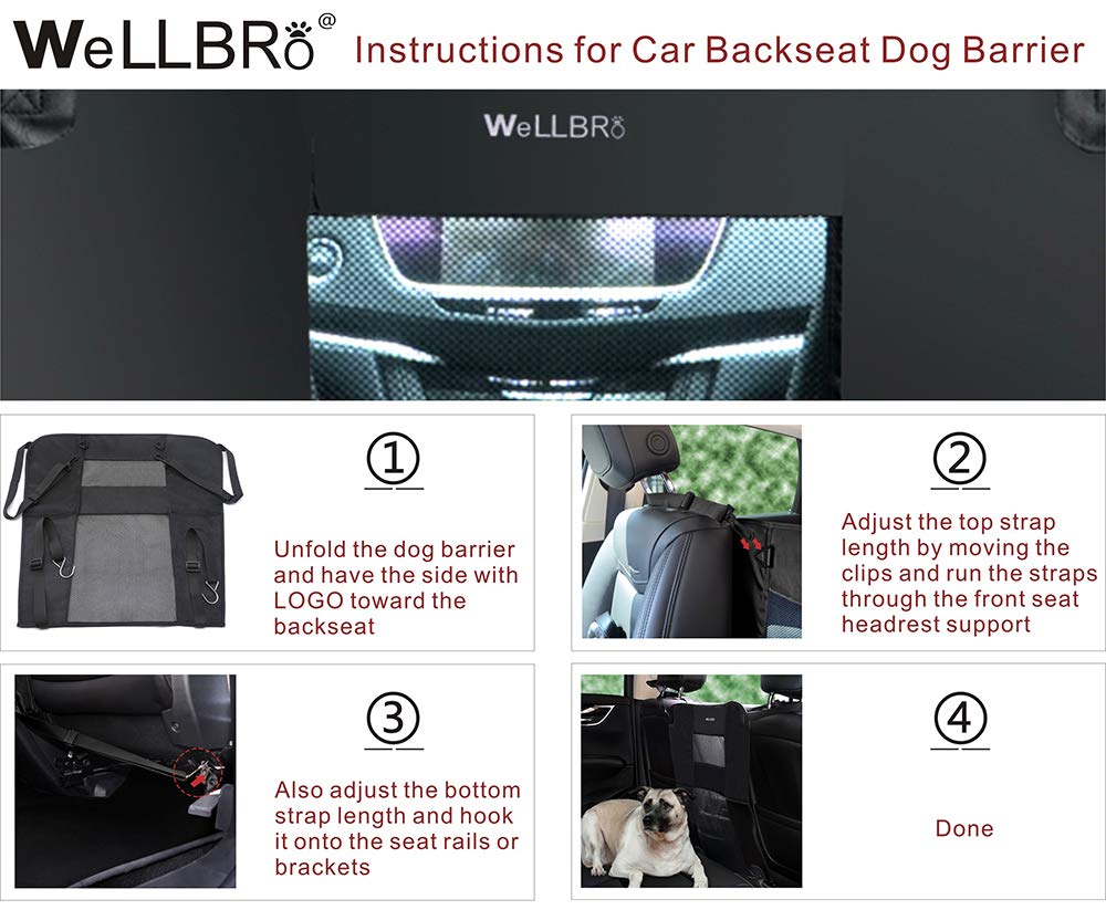 Wellbro Dog Car Backseat Barrier, Padded and Durable Nylon Net Pet Barrier, Vehicle Travel Dog Fence with 2 Mesh Windows, for Safe Driving, Easy to Install and Adjust for All Cars