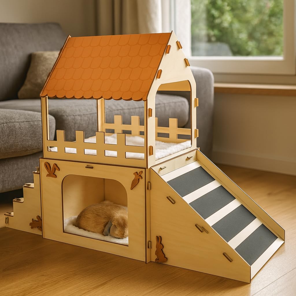 OtterPets Extra Large Bunny Hideout, Cozy Rabbit Castle with Fleece Mats, Wooden Rabbit Hideout, Bunny House Indoor Indoor, Chinchilla, Guinea Pig House (Pet Safe Wood Joints)