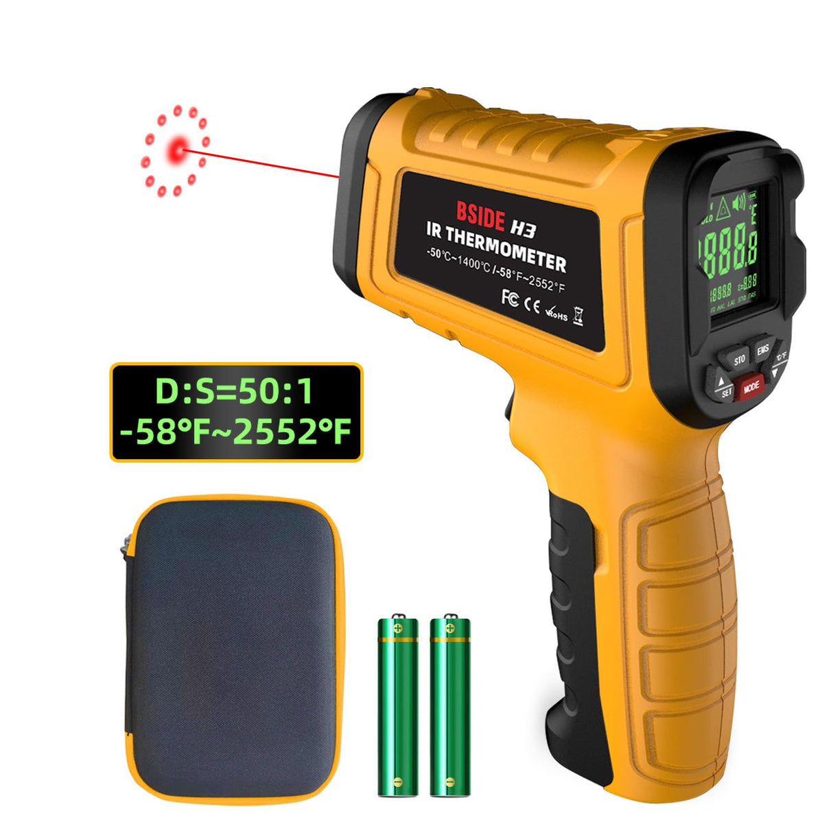 BSIDE Infrared Thermometer Pyrometer 50:1 Industrial Temperature Gun -58℉~2552℉(-50℃~1400℃) IR Laser Thermometer, High Temp Non-Contact Digital Thermometer for Furnace Smelt Forge