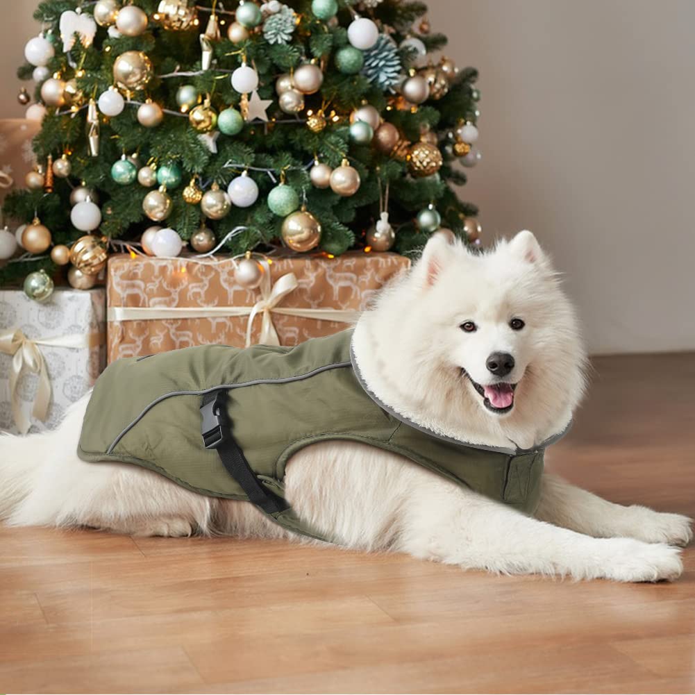 EMUST Dog Coat Winter, Waterproof Pet Snow Jacket for Winter, Adjustable Small/Medium/Large Dog Coat, Green, L