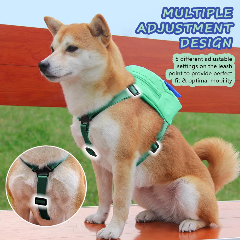 DoggieKit Dog Backpack Harness with Leash,Cute Pet Puppy Backpacks Bulid-in Dog Poop Bag Dispenser,Adjustable Pets Self Carrier Bag for Small Medium Dogs Travel Hiking Daily Walking(M, Green)