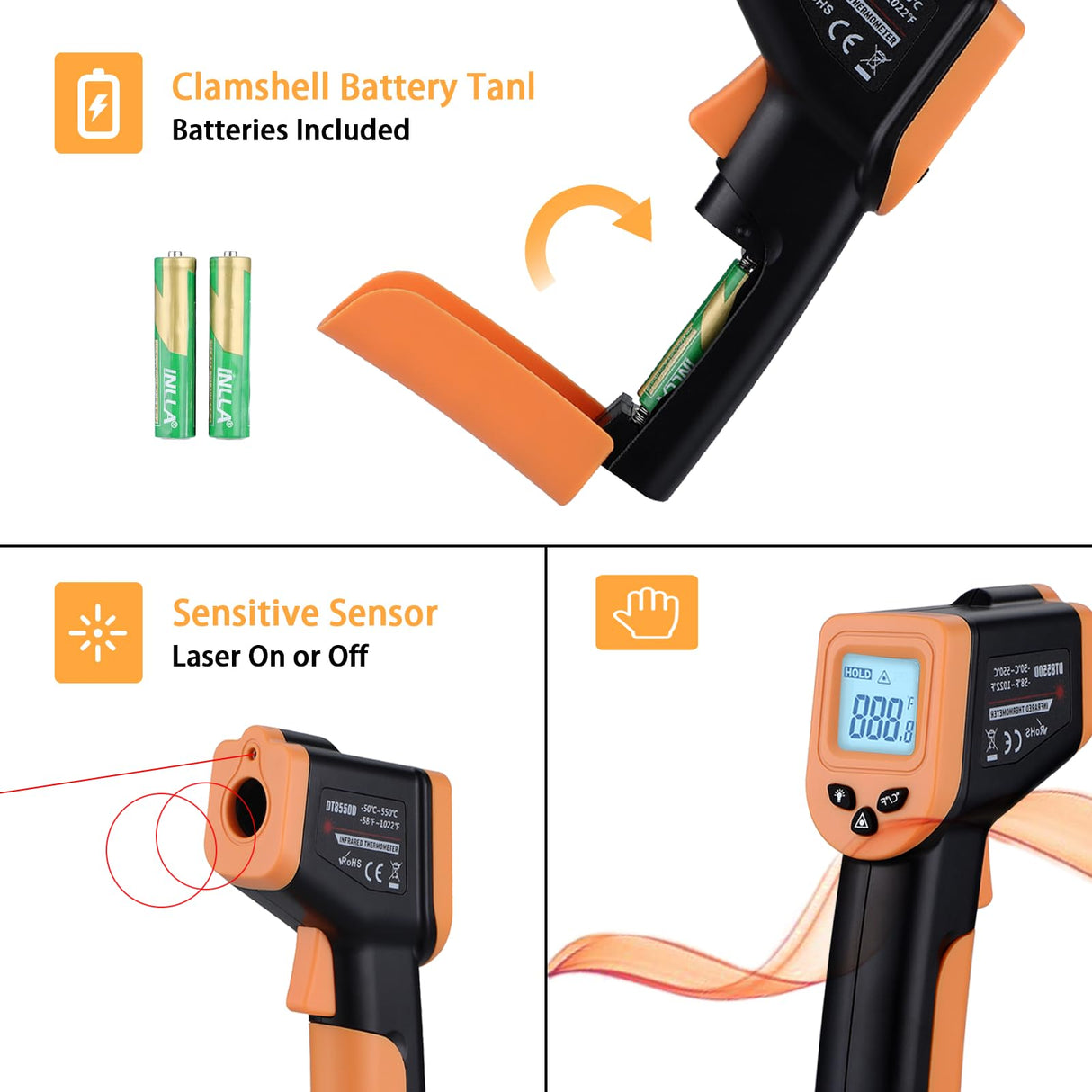 OnniOne Infrared Thermometer Gun for Cooking, Laser Thermometer Gun for Blackstone Pizza Oven, -58β~1022β Non Contact Temperature Gun with Carrying Storage Case, LCD Backlit (NOT for Human)