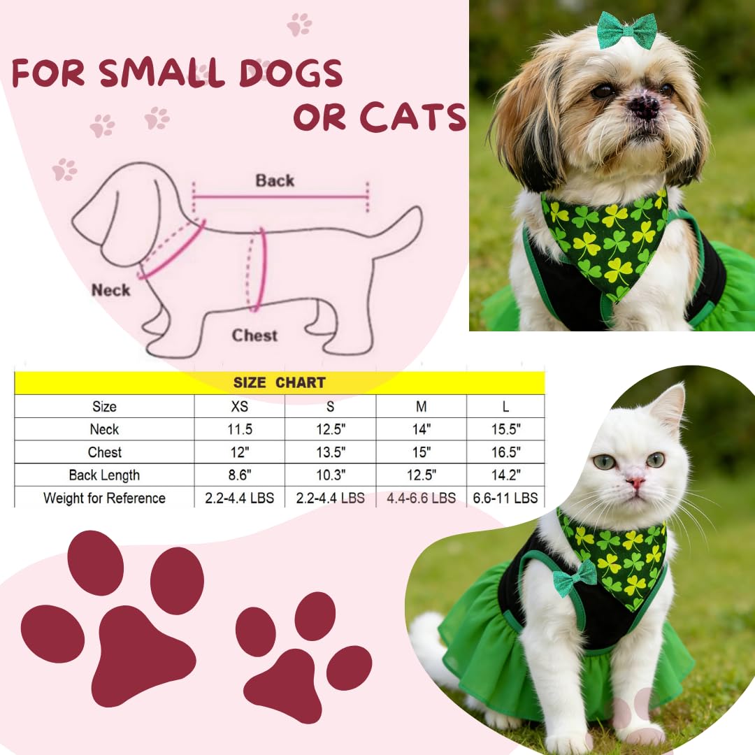 Small Dog St. Patricks Day Outfit Green Dress, Bandana & Bow Clip 3 Piece Irish Pet Cat Costume Accessories M