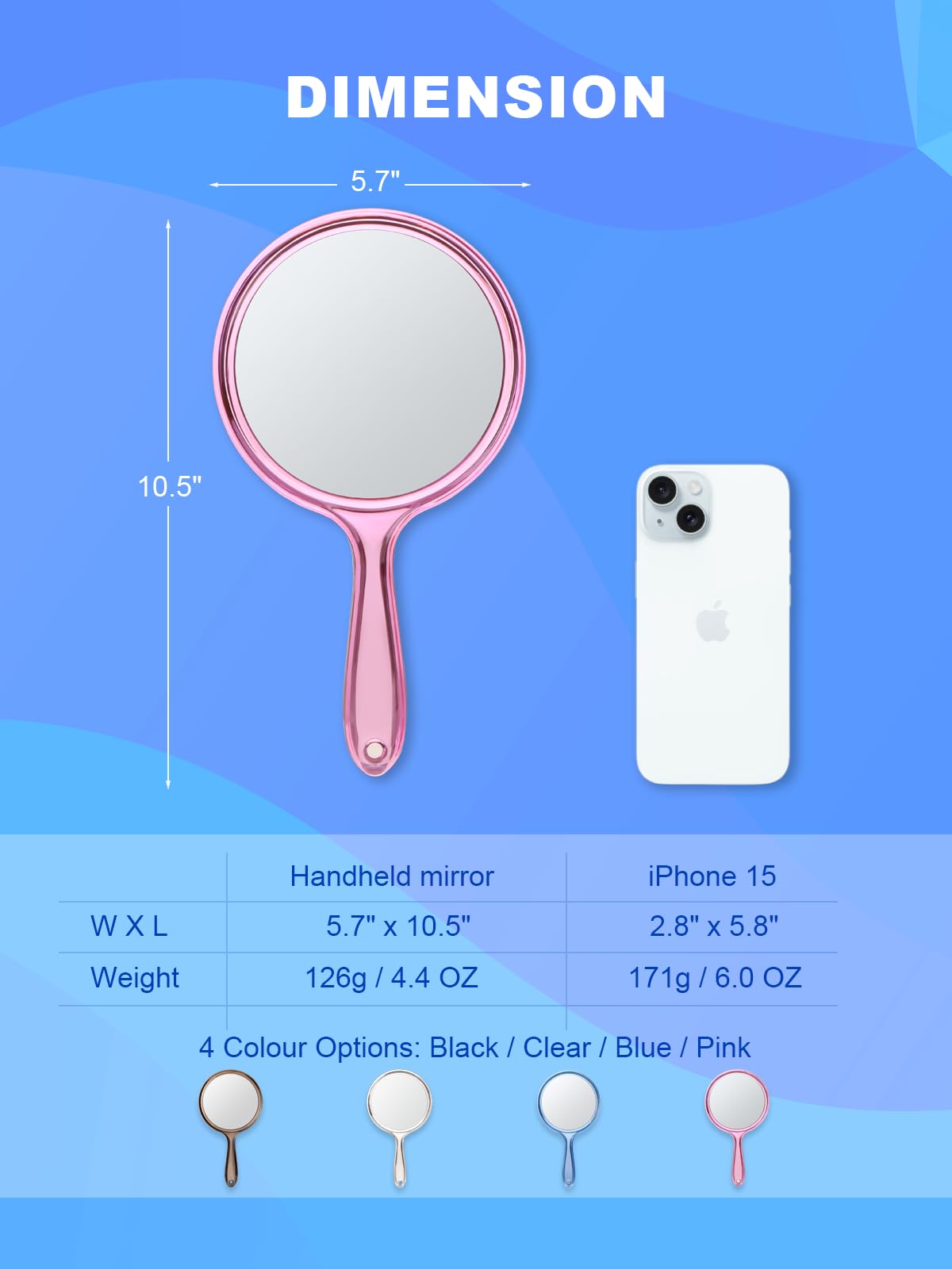 Handheld Mirror with Handle, 10.5 x 5.7 inches, Double-Sided 1X/5X Magnification Travel Makeup Mirror for Women, Pink