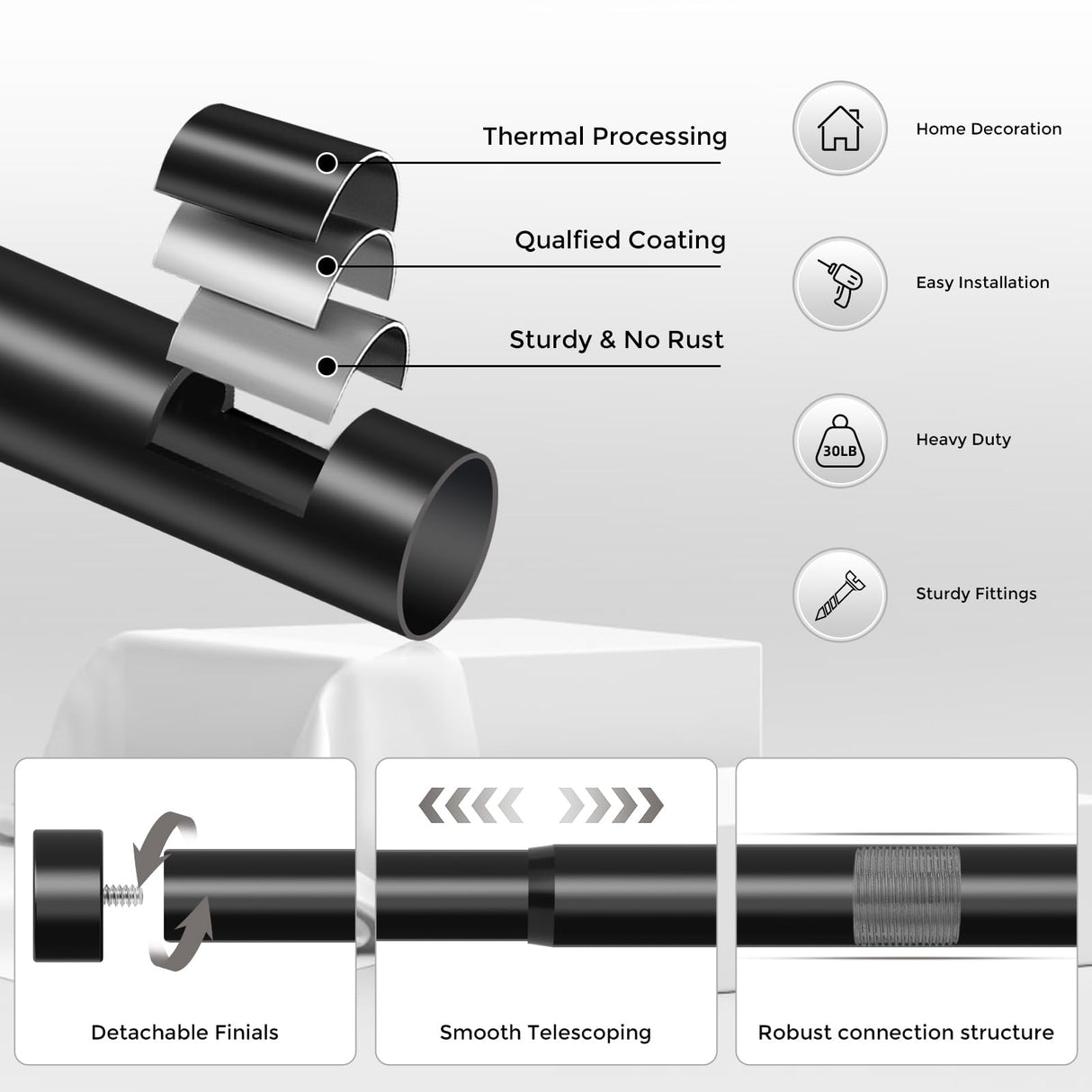 VOIIY Curtain Rods for Windows 48 to 84 Inch(4-7 Feet),Black 1'' Diameter Drapery Rods with End Cap Style Design,Modern Adjustable Heavy Duty Curtain Rod,Size:36''-88''