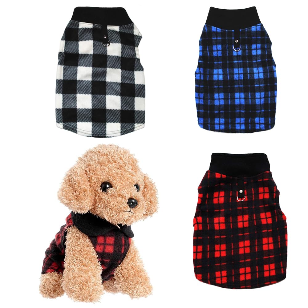 PIXRIY Dog Sweater 3 Pcs, Soft Fleece Vest with Leash Ring Pullover Jacket Winter Pet Dog Clothes for Puppy Small Dogs Cats Teddy Chihuahua Yorkshire (Plaid,XL)