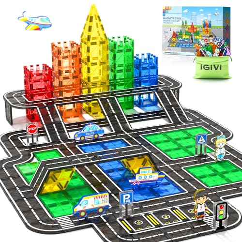 104 PCS Magnetic Tiles Road Set With Car Toys, STEM Magnet Building Blocks for Kids Toddler Toys Games, Christmas Birthday Gifts for 3+ Year Old Boys Girls, Car Enthusiasts and Classroom Must Haves