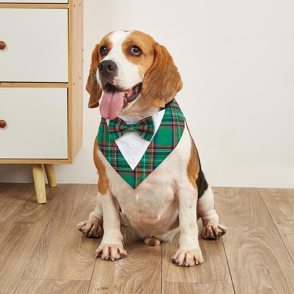 HDGDT Adjustable Green Plaid Christmas Dog Tuxedo Bandana with Bow Tie - Holiday Pet Outfit Costume for Dogs XS to XL