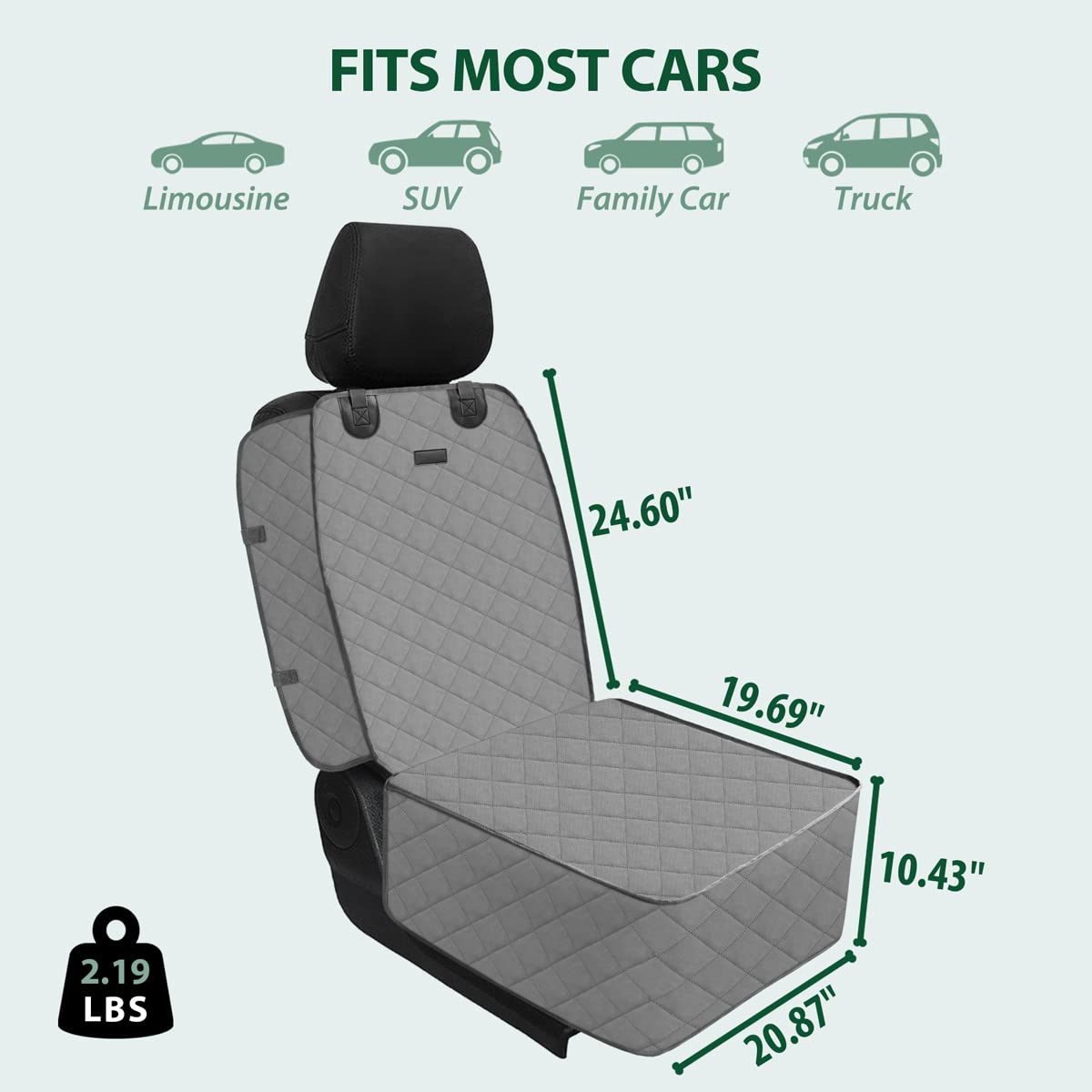 FURHAB Dog Car Front Seat Cover with Side Flaps & Buckle Straps for Pet, 100% Waterproof 600D Oxford Single Seat Protector Heavy Duty Quilted Scratch Proof, Universal Size for SUV Truck, Grey