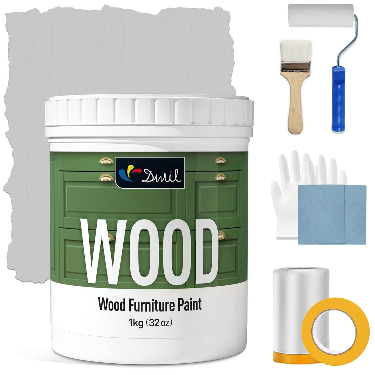 DWIL Matte Finish Furniture Paint - 32 Oz Wood Paint for Cabinets, Doors, Tables, and Dressers Refinishing - Water-Based, Non-Toxic & Odorless, Easy to Apply(Light Grey)-With Tools
