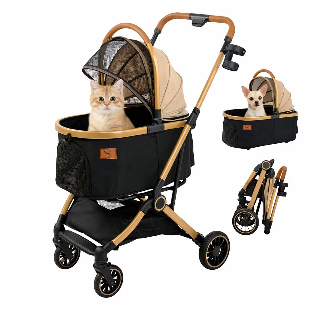 PAWPUBBY Dog Stroller for Small Dogs & Cats, 3-in-1 Pet Stroller with Detachable Carrier, Foldable Lightweight Pet Stroller with 360° Wheels, Classic Brown