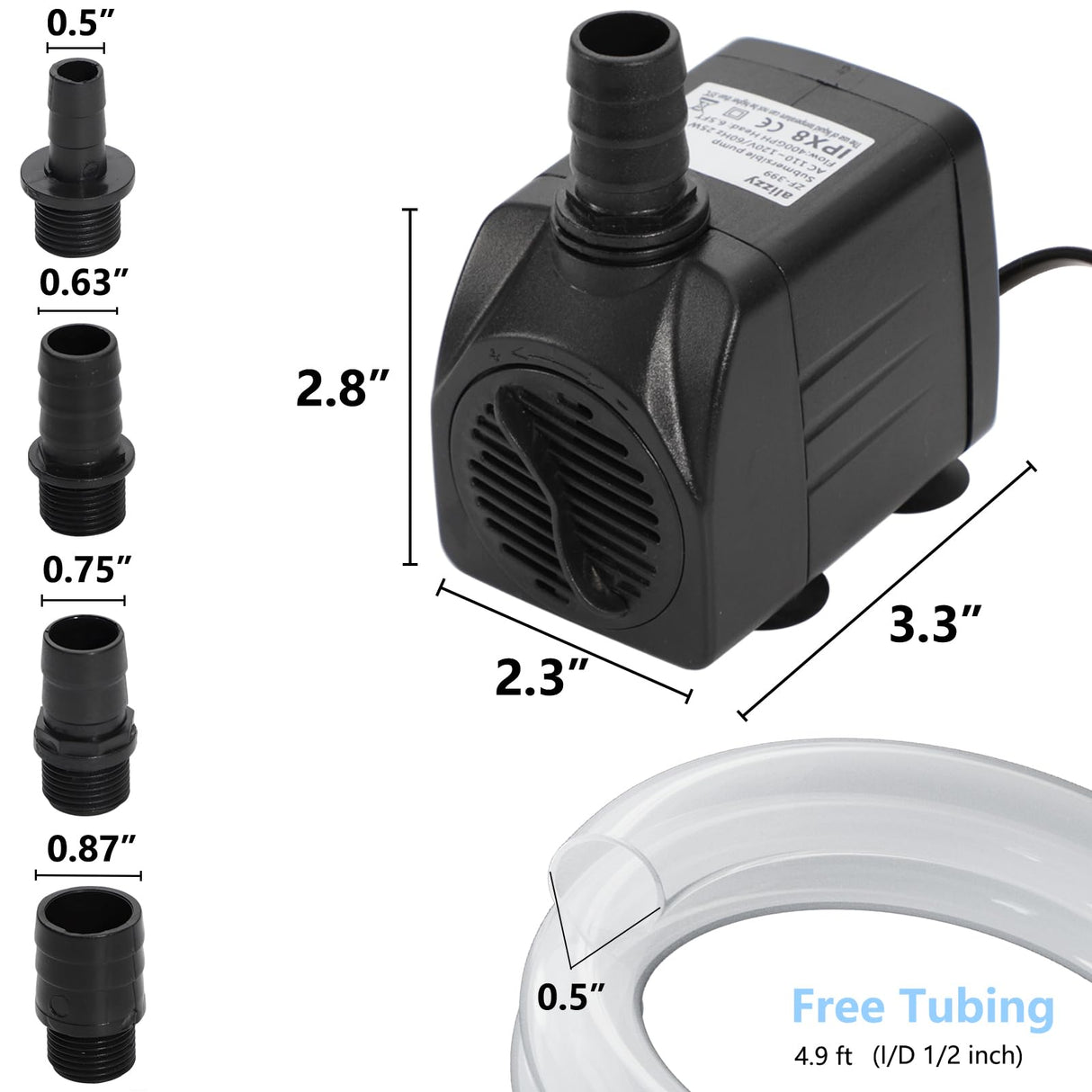 alizzy 400GPH 25W Submersible Water Pump, Auto Shut-off Water Fountain Pump with 6.5ft. High Lift and 4.92 ft Tubing for Fountain, Aquarium, Hydroponic, Pond, Fish Tank, Pet Fountain, Water Feature