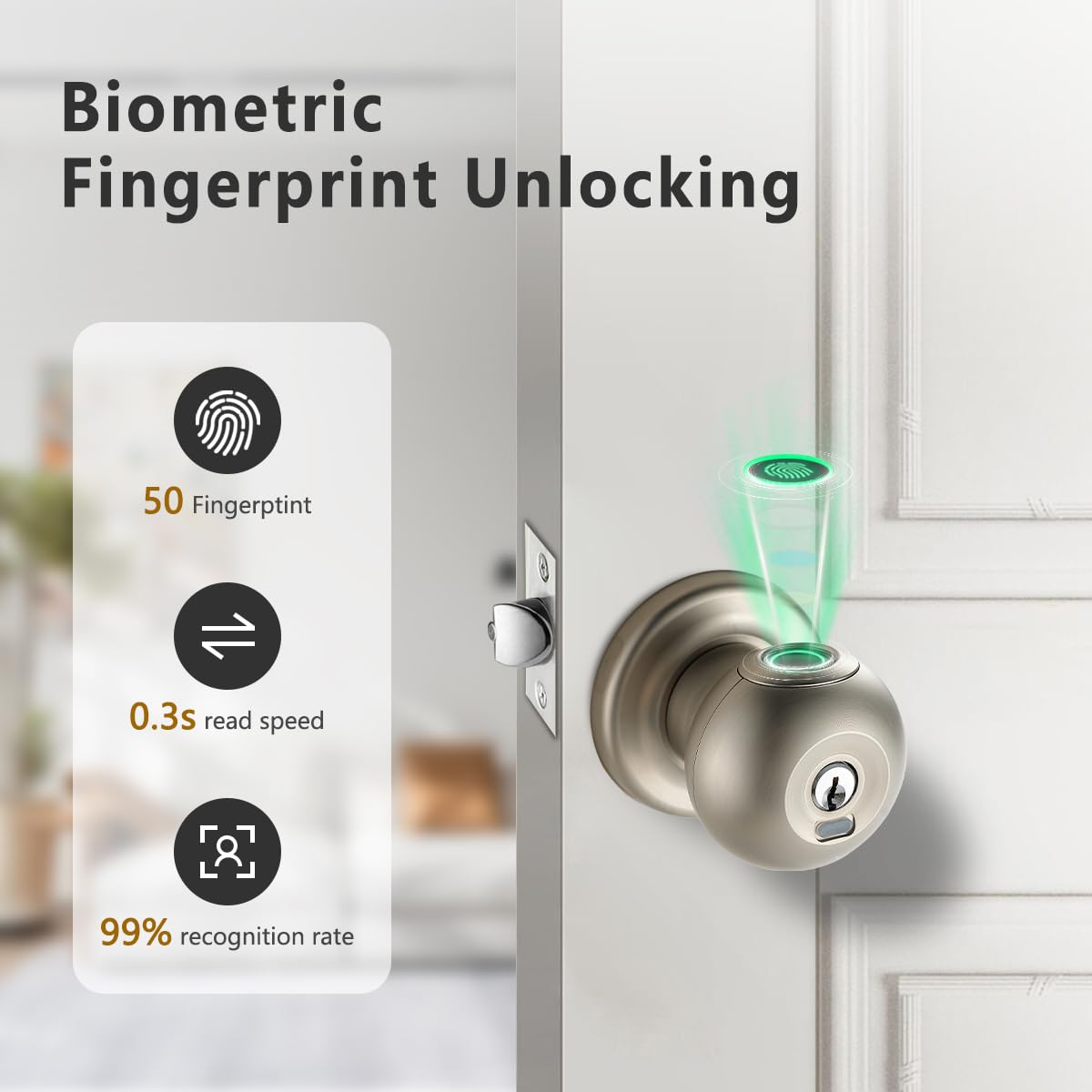 Fingerprint Door Lock, Smart Fingerprint Door Knob with Lock, Biometric Door Lock, Keyless Thumbprint Entry Door Lock for Bedrooms, Hotels, Apartments, Offices and Garages