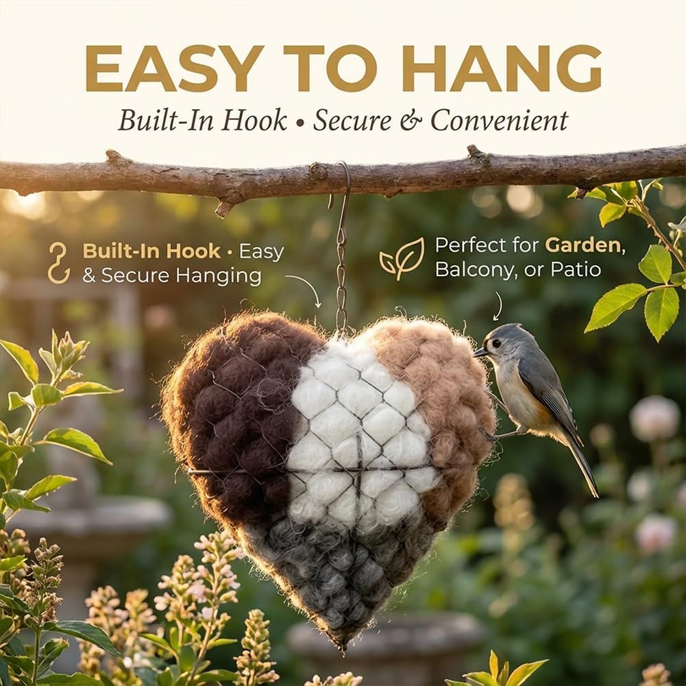 Handmade Alpaca Fiber Bird Nest Heart - Natural Nesting Material, Winter Nesting Material for Wild Birds and Hummingbirds | Garden Decoration, a Gift for Bird Lovers.