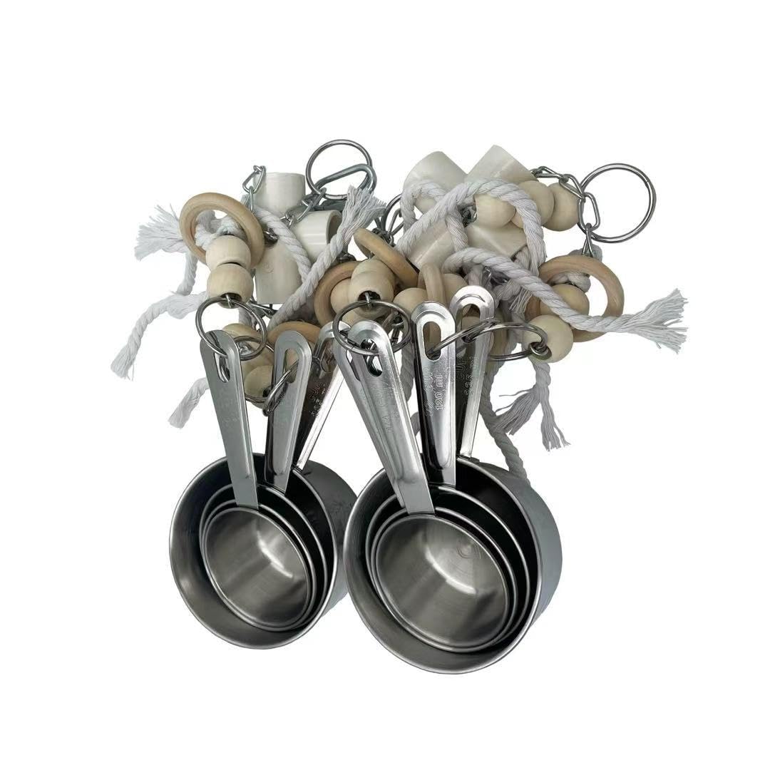 GILYGI Durable Stainless Steel Pots & Wooden Beads Parrot Toys - Pullable 8 Metallic Cups & 8 Natural Dye-Free Rings for Large & Extra Large Parrots Macaws Amazons African Greys Cockatoos Eclectus
