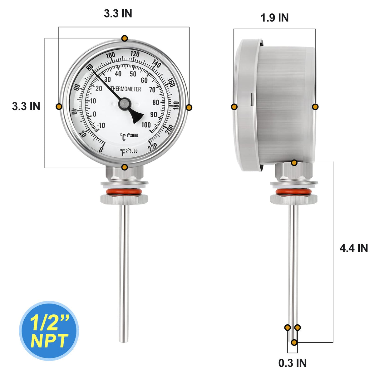 MEANLIN MEASURE 1/2" NPT Bimetal Thermometer for hot Water, boilers, and Pipes,3.3" Dial, 4.4" Stainless Steel Stem,Temperature Range 0-220°F/-10-100 ° C, Accuracy 2%,Lower Mount