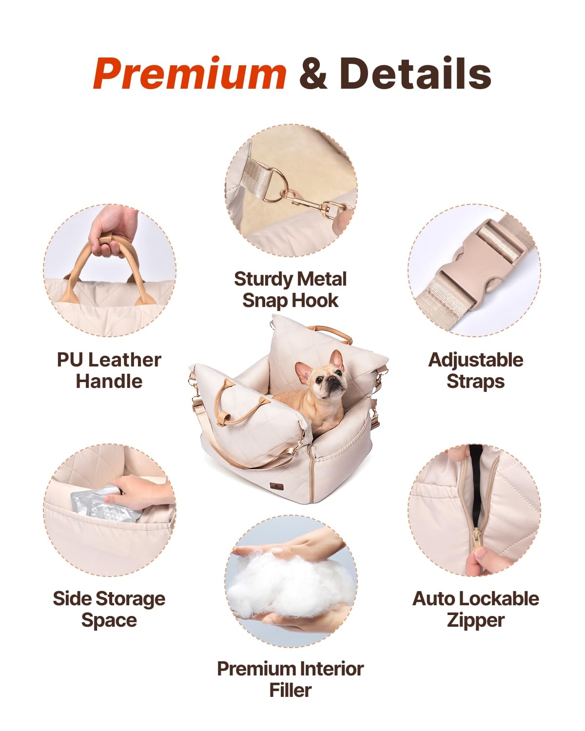 PET MARVEL Dog Car Seat for Small Dogs Up to 25 lbs, Pet Booster Seat & Travel Carrier with Safety Leash and Thick Cushion, Fully Detachable Washable Pet Bag with Storage Pocket, Portable, Beige