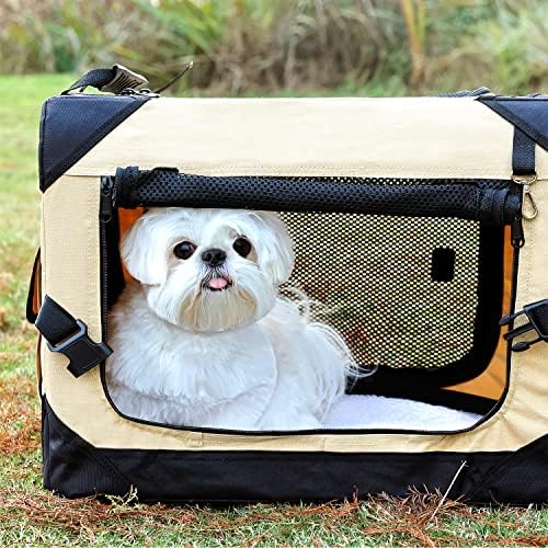 Pettycare 42 Inch Collapsible Dog Crate for Large Dogs, 4-Door Foldable Soft Dog Kennel with Chew Proof Mesh Windows, Indoor & Outdoor Travel Dog Crate, Soft Side Dog Crate,Beige