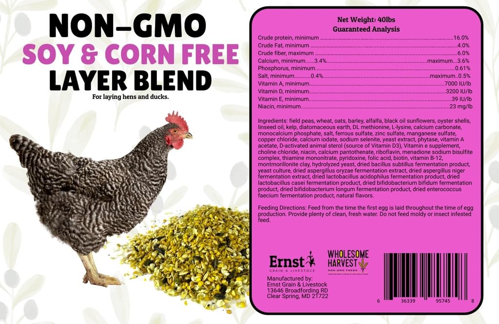 Wholesome Harvest Non-GMO Soy and Corn Free Whole Grain Layer Blend 16% - Chicken Feed for Laying Hens and Ducks - Includes Essential Oils, Herbs, Oyster Shells, Vital Minerals, and Omega 3, 10 lb
