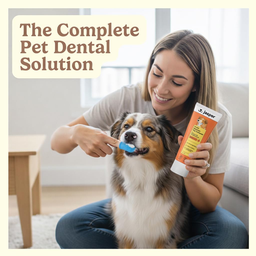 Jasper Dog Tooth Brushing Kit and Dog Toothpaste Kit with Dog Toothbrush Enzymatic, Plaque Remover Imporves Bad Breath Natural Pet Toothpaste Dog Toothbrush and Toothpaste 3.5oz Bacon Flavor
