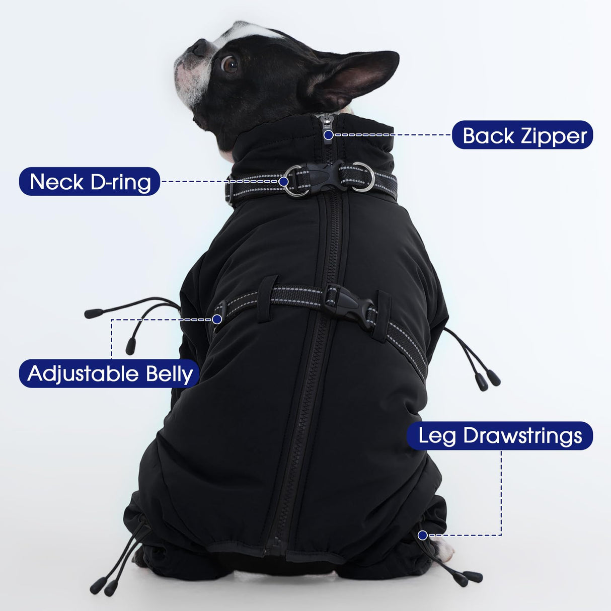 FUAMEY Full Body Dog Coat,Warm Dog Fleece Jackets with Harness Built in Windproof Dogs Snowsuit Zip up Pet Four Legged Pets Jumpsuit Winter Outfit Cold Weather Coats for Large Dogs Black L