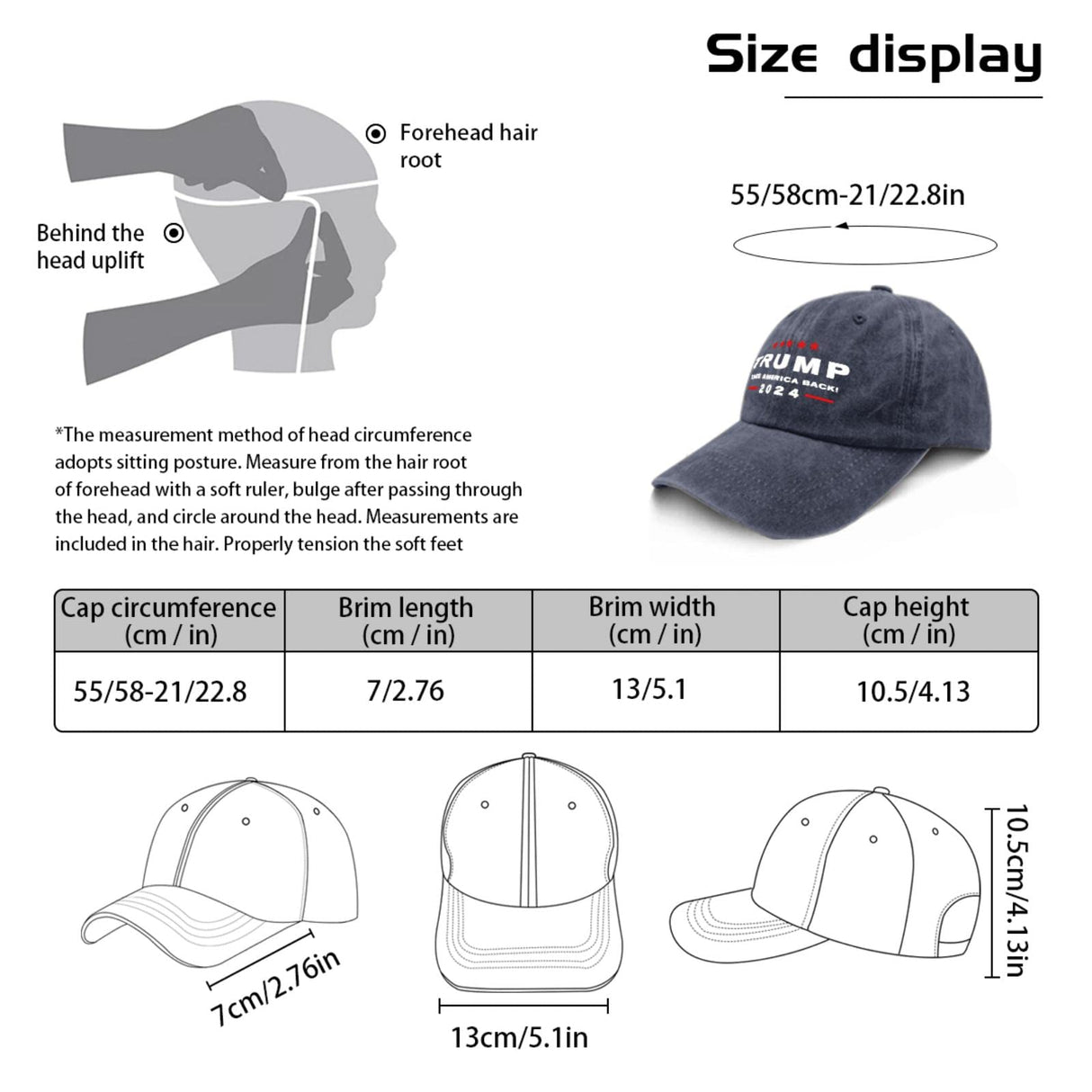 UQDGHT Trump 2024 Take America Back Unisex Adult Baseball Cowboy Hat (Washable) Black (One Size, Trump 2024 Take America Navy Blue)