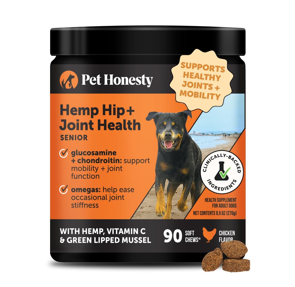 Senior Hemp Hip & Joint Supplement for Dogs - Dog Joint Supplement with Hemp Oil & Powder, Glucosamine, Collagen, MSM & Green Lipped Mussel - Mobility for Senior Dogs (Chicken 90)