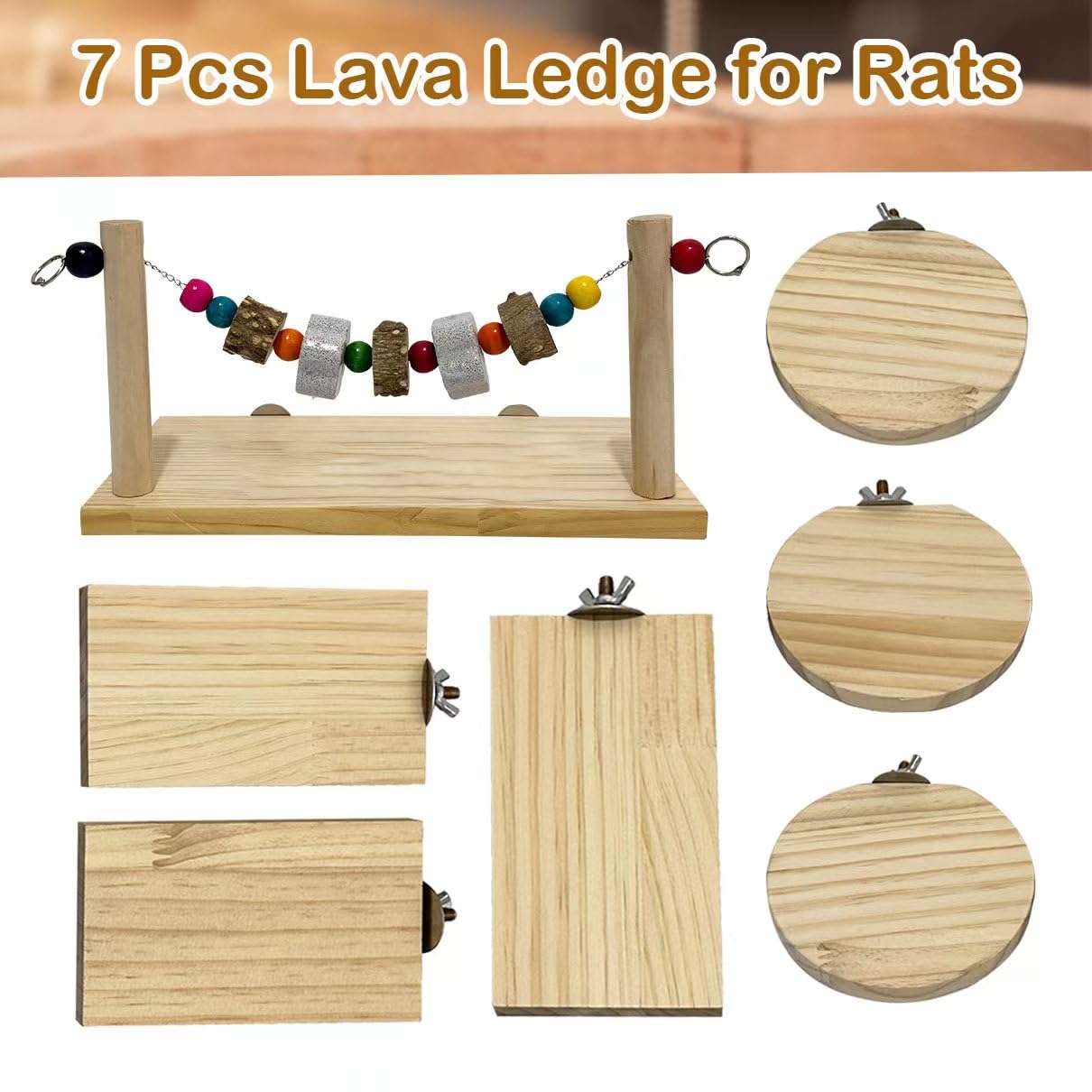 Niwaes 7 Pcs Chinchilla Ledges Wood Sets, Hamster Wooden Stand Platform with Lava Ledge Blocks Chew Toys Small Animal Cage Accessories for Rat Gerbil Guinea Pig Parrot Chipmunk Squirrel Mouse