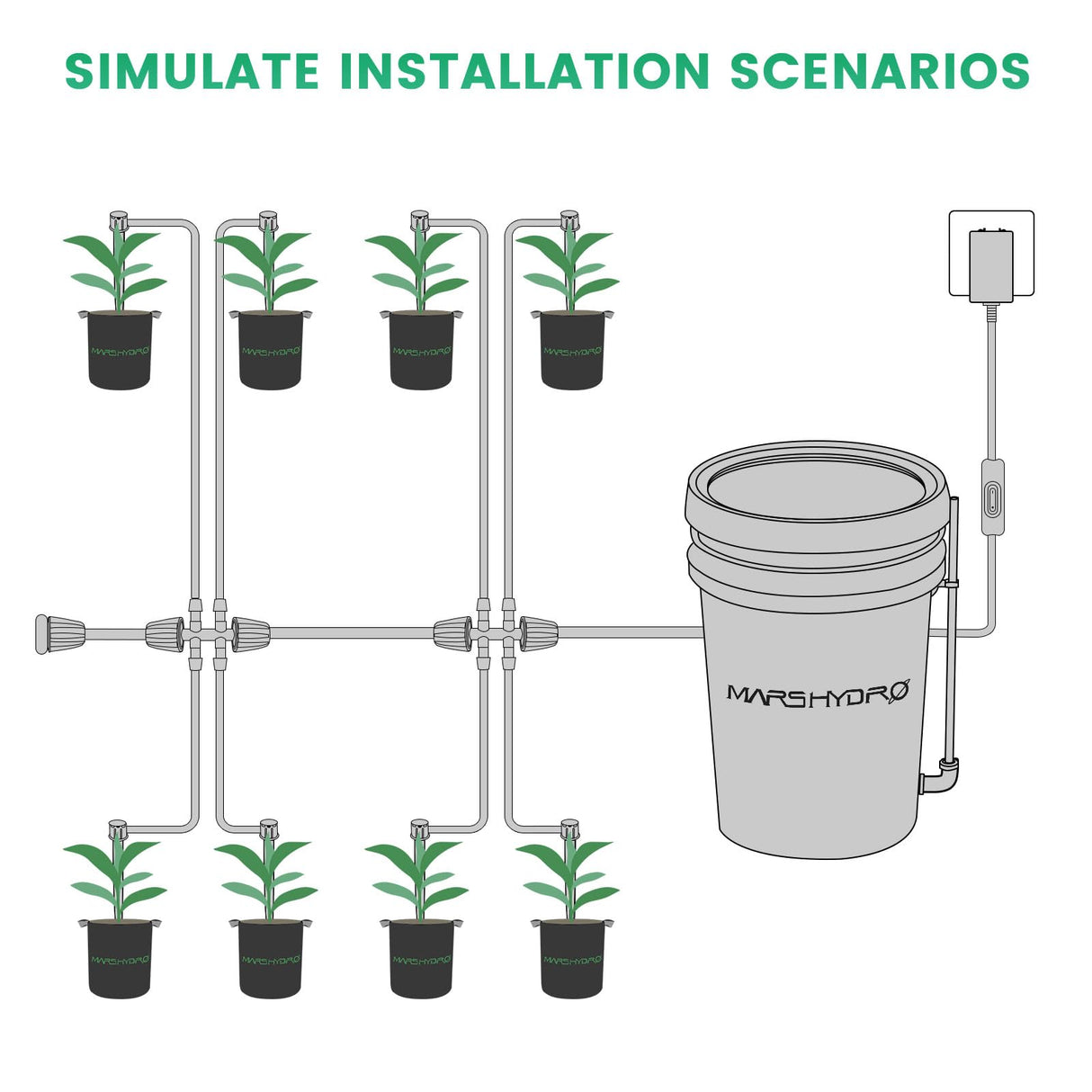 MARS HYDRO Auto Drip Irrigation Kits Garden Watering System for Indoor, Lawn, Greenhouse, Yard, 5-Gallon Bucket 22W Water Pump with 8 Drip Emitters