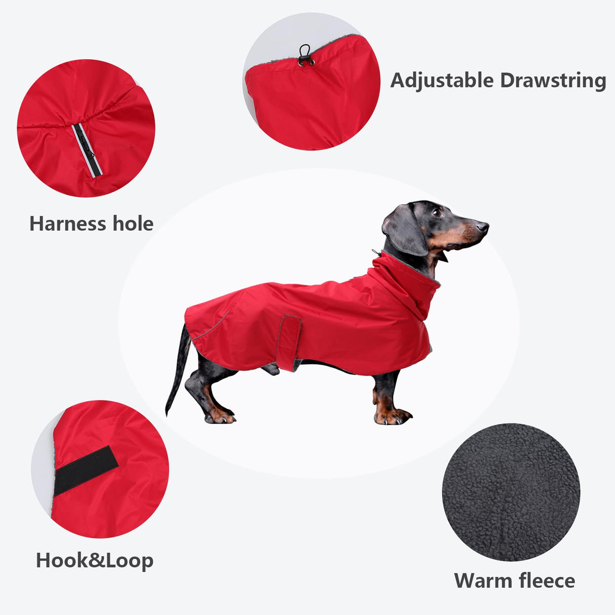 Dachshund Coats Waterproof, Perfect for Dachshunds, Sausage, Weiner Dog Winter Coat with Padded Fleece, Puppy Snowsuit with Adjustable Bands and High Vis Reflective Trim - Red - XS