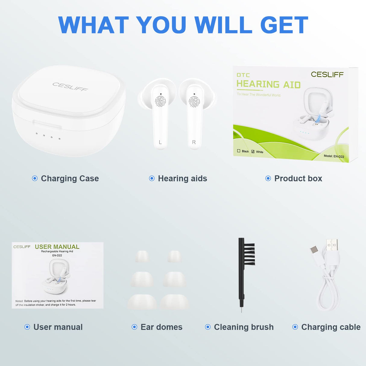 Wireless Rechargeable Hearing Aids with Noise Cancelling, Charging Case, and One Button Volume Control for Seniors and Adults. No Whistling, 3 Ear Dome Sizes Included