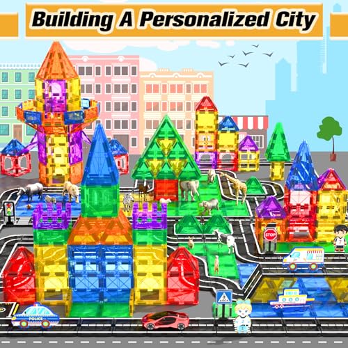 104 PCS Magnetic Tiles Road Set With Car Toys, STEM Magnet Building Blocks for Kids Toddler Toys Games, Christmas Birthday Gifts for 3+ Year Old Boys Girls, Car Enthusiasts and Classroom Must Haves