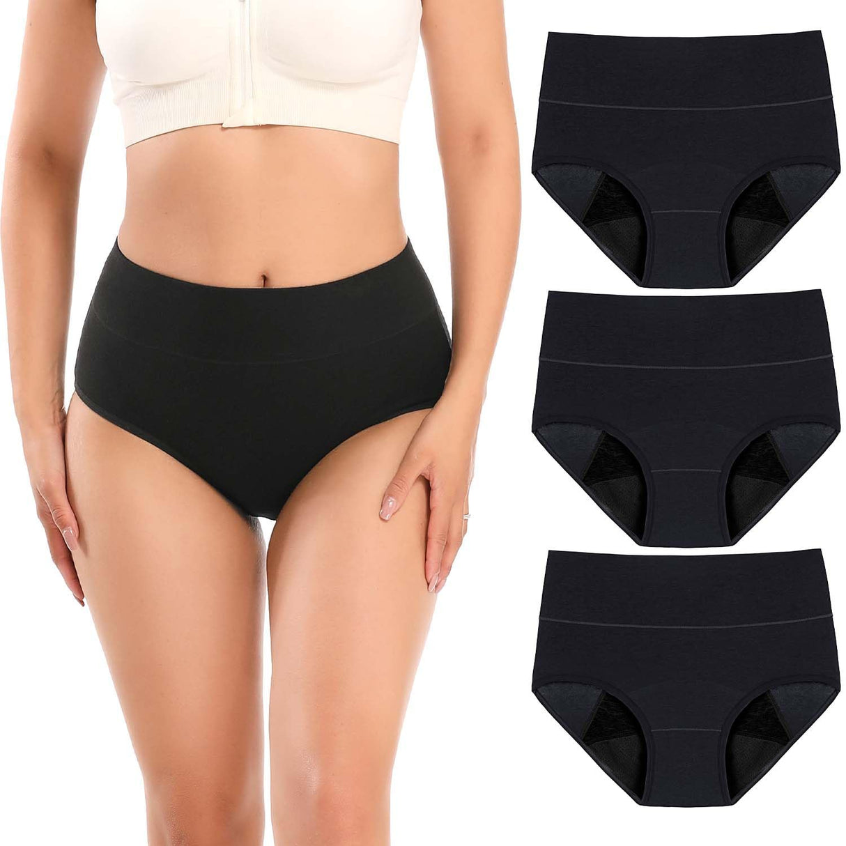 Molasus Incontinence Underwear for Women High Absorbency Period Leakproof Cotton Underwear Heavy Flow Menstrual Protective Panties Bladder Control Briefs 3 Pack,Black,Large