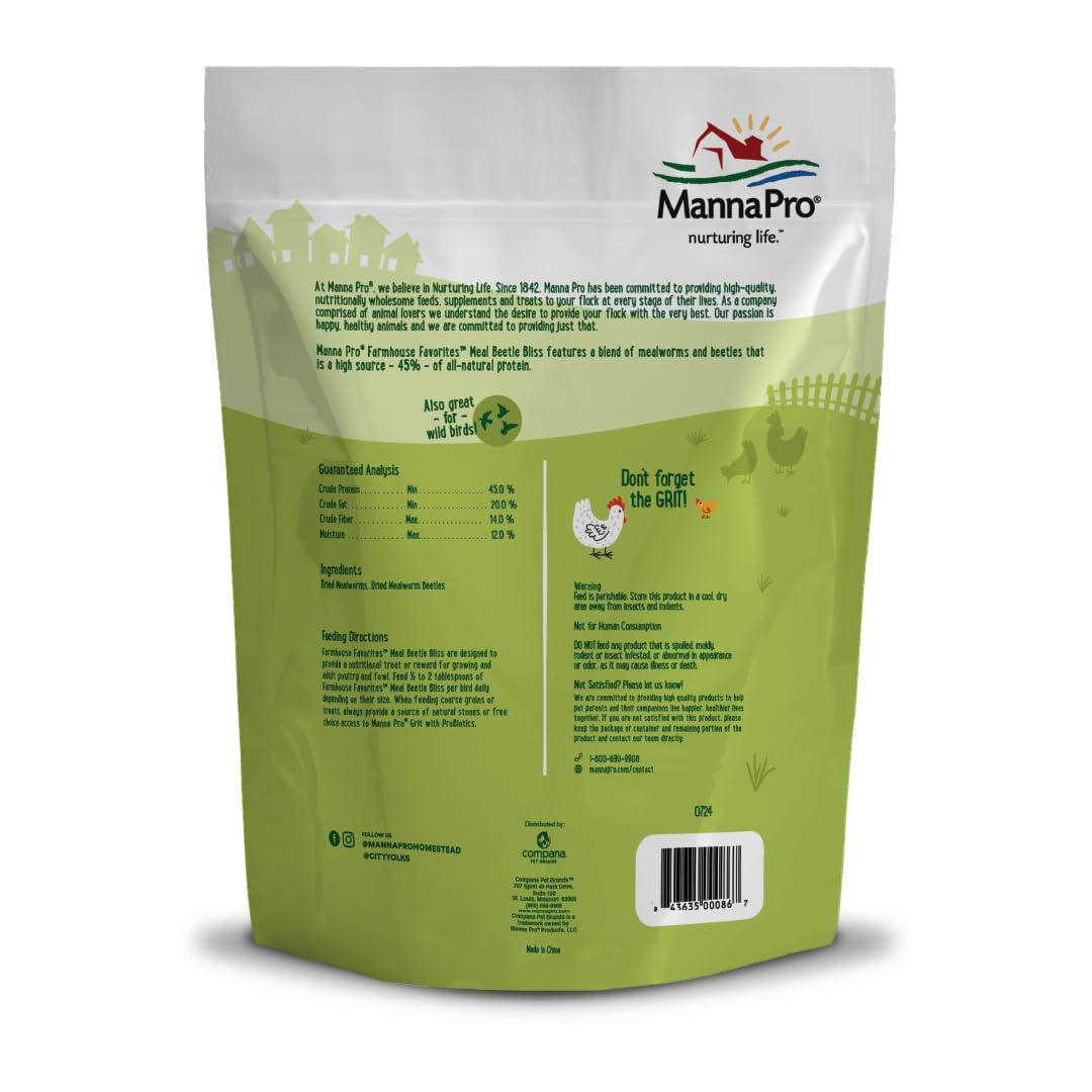Manna Pro Farmhouse Favorites Beetle Bliss Poultry Treat – Blend of Mealworms and Beetles – All Natural Treat for Chickens, Ducks, Geese, Turkeys, & Guinea Fowl – 45% Protein – 2lb Bag