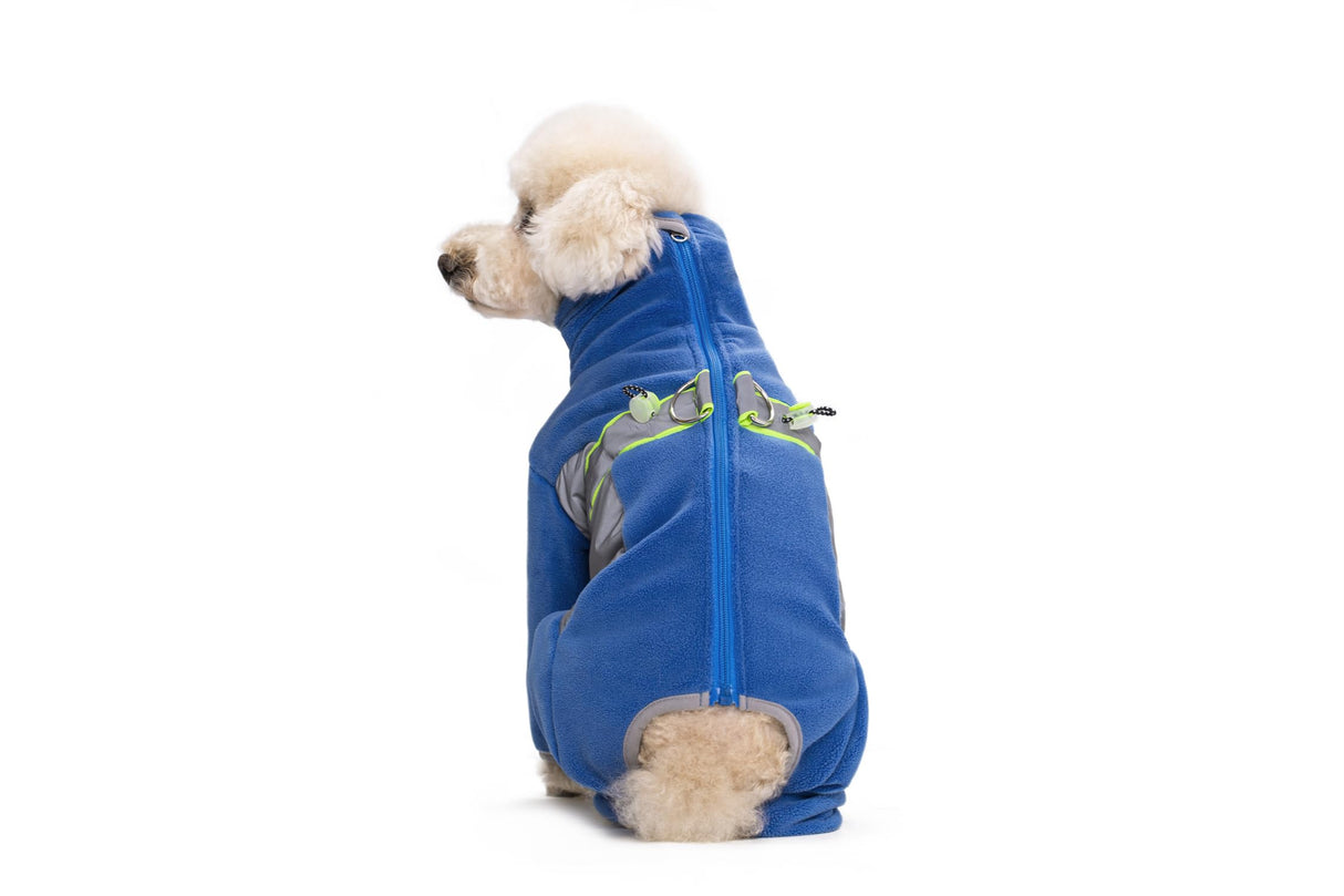 BECHANMIG Dog Winter Warm Coats 4-Legs Fleece for Small Medium Large Dogs,High Collar Dog Cold Weather Coat Full Body,Dog Snowsuit Comfort Windproof with Reflective Zipper Leash Hole_XL(Blue)