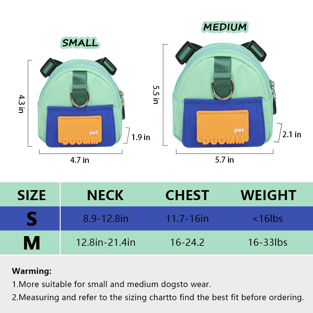 DoggieKit Dog Backpack Harness with Leash,Cute Pet Puppy Backpacks Bulid-in Dog Poop Bag Dispenser,Adjustable Pets Self Carrier Bag for Small Medium Dogs Travel Hiking Daily Walking(M, Green)
