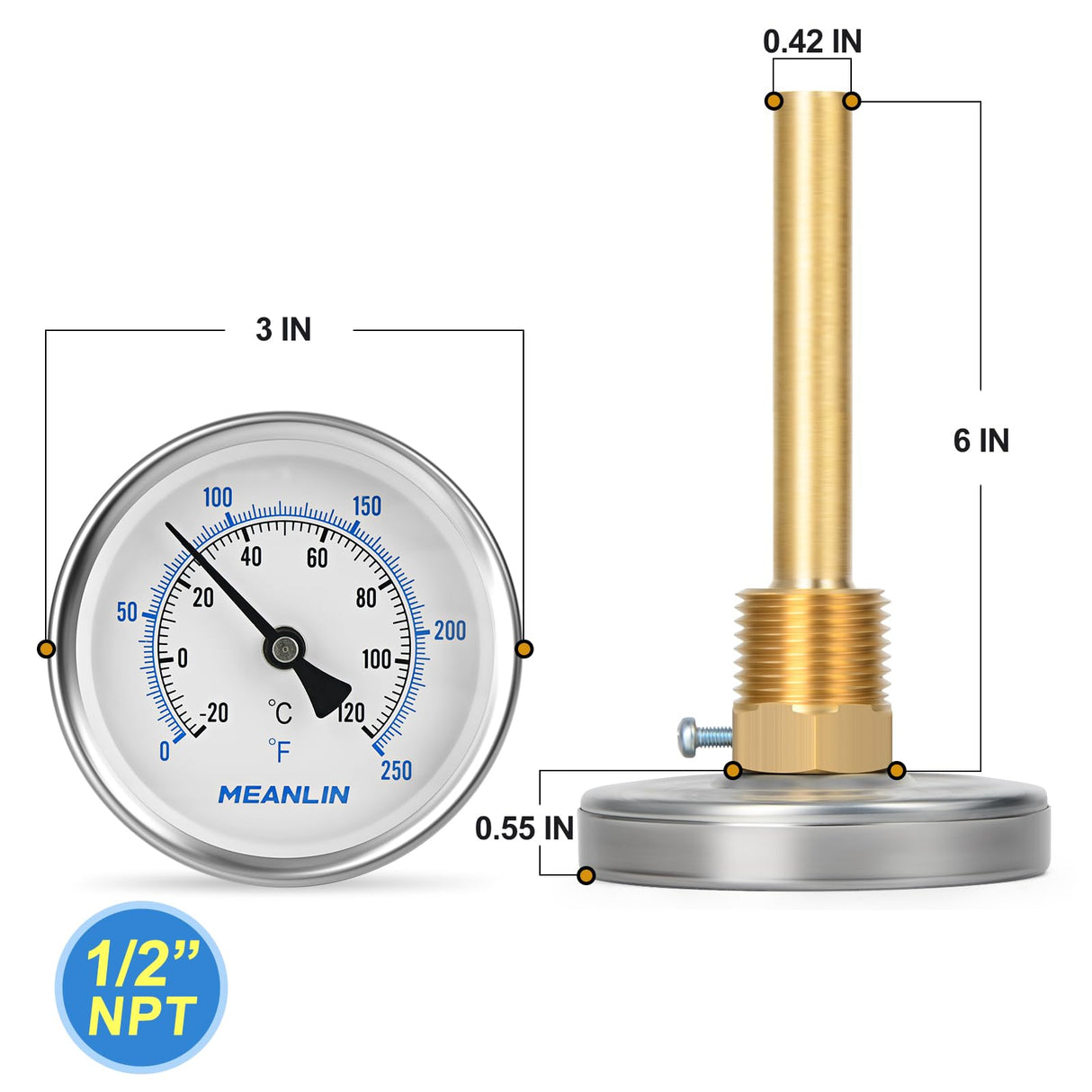 MEANLIN MEASURE 1/2" NPT Bimetal Thermometer for Hot Water, Boilers and Pipes, 3" Dial, 6" Lead-Free Brass Stem, Temperature Range 0-250°F/-20-120°C, Accuracy 2%, Center Back Mount
