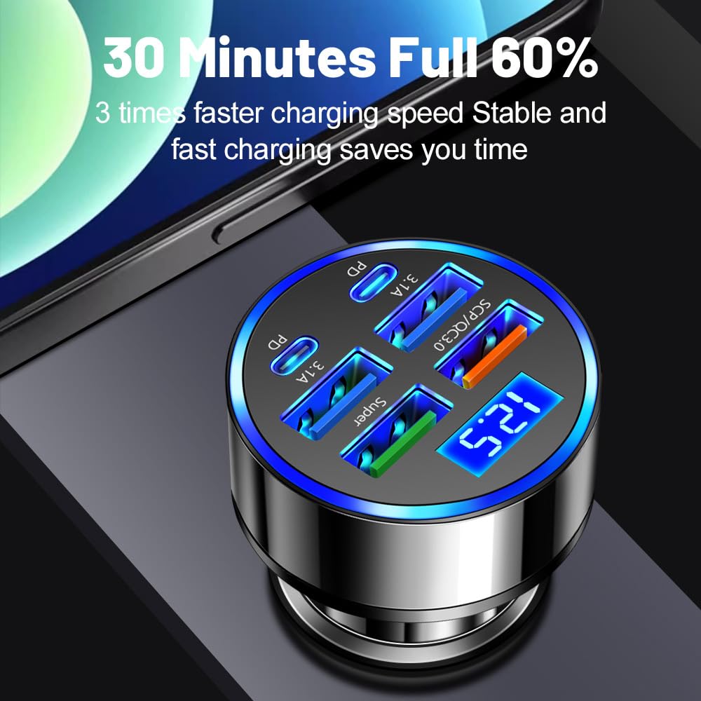 USB C Car Charger Adapter with Voltmeter Compatible with iPhone 16 15 14 13 12 11, Android, Samsung, Super+ QC3.0 6 in 1 Multi-Port Super Fast Charging Cigarette Lighter USB Charger