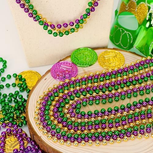 120PCS Mardi Gras Beads, 33" Beaded Necklace, Purple Gold Green Mardi Gras Accessories, Party Costume Necklaces Parade Throws Women Men Beads Bulk for Party Event Favors Supplies Decorations