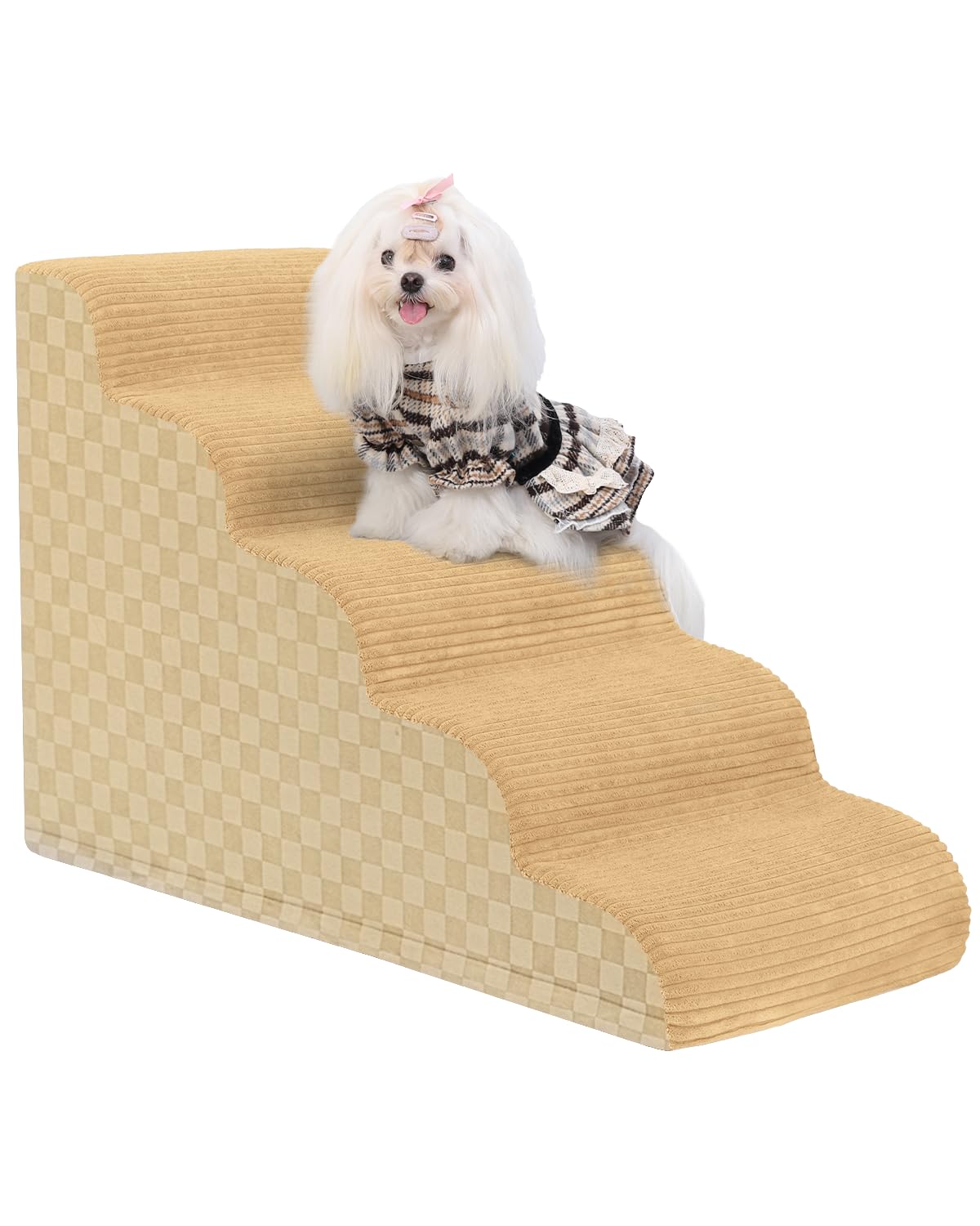 Dog Curved Stairs for High Beds 22" H, 5-Step Pet Stairs for Small Dogs with High Density Foam, Dog Slope Stairs with Durable Non-Slip Bottom Khaki