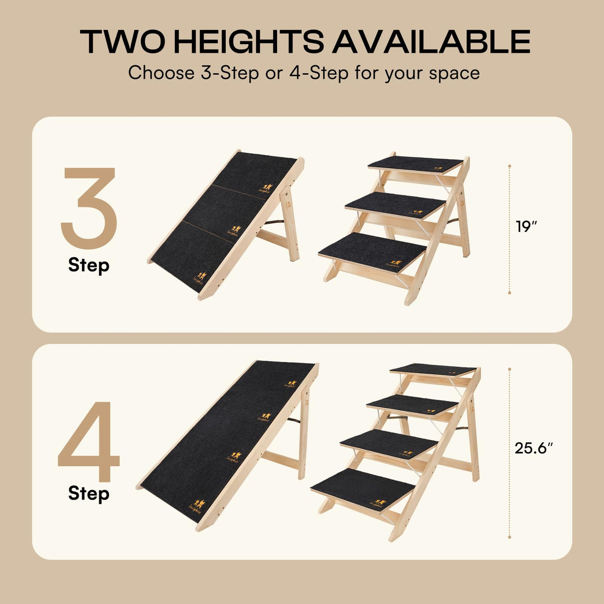 Luciphia Wooden Dog Stairs for Small Dogs 2-in-1 Foldable Dog Steps for Beds Cars Couch Anti-Slip Pet Ramp with 4 Steps Indoor Pet Stairs for Medium Large Older Pets Cats up to 220lbs