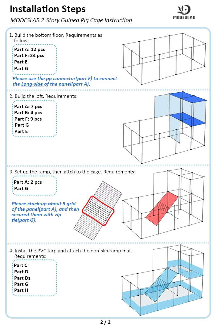 MODESLAB 2-Story Guinea Pig Cages with Tarp, Large C&C Loft Cage for Rabbit Bunny Puppy Small Animal Indoor Dog Playpen Pet Exercise Enclosure, 25 Panels
