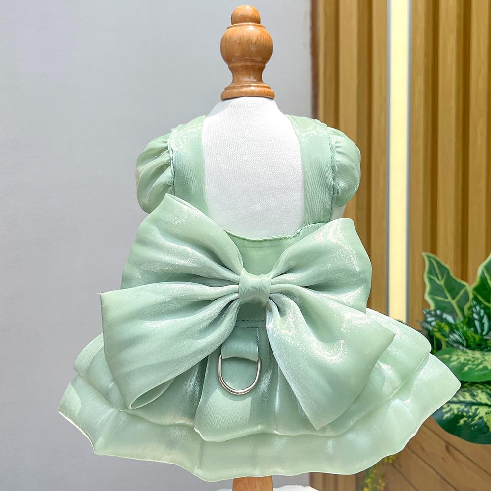 Yaopelky Dog Princess Dress for Small Dogs Cat Bow Dress with D-Ring Dog Girl Wedding Clothes Cute Puppy Tutu Skirt Doggy Summer Costume (Green, Medium(5.5-7.7lb))