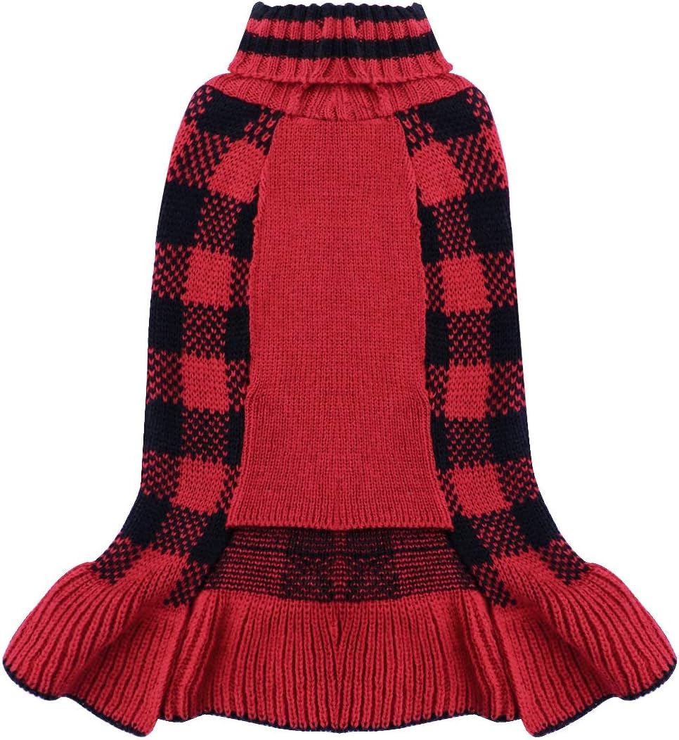 KYEESE Christmas Dog Sweater Dress for Medium Dogs with Leash Hole Classi Checkered Pet Sweaters Dog Christmas Outfit with BowtieTurtleneck Dogs Apparel for Winter, XXXL
