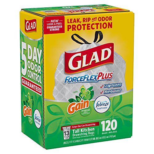 Glad ForceFlex Tall Kitchen 13 Gallon Trash Bag With Odor Shield, Gain Original Scent (120 count)