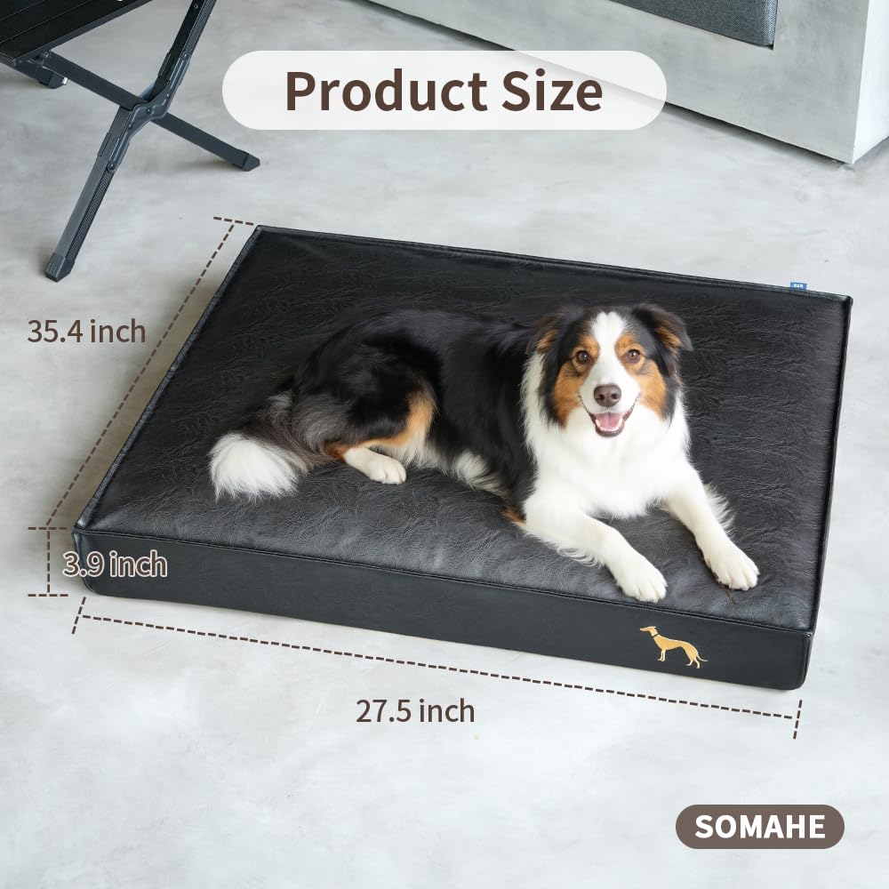 SOMAHE Dog Bed Medium Size Dog Orthopedic Beds for Small Dogs with Removable Washable PU Leather Cover Waterproof Black 35.4×27.5×4inch