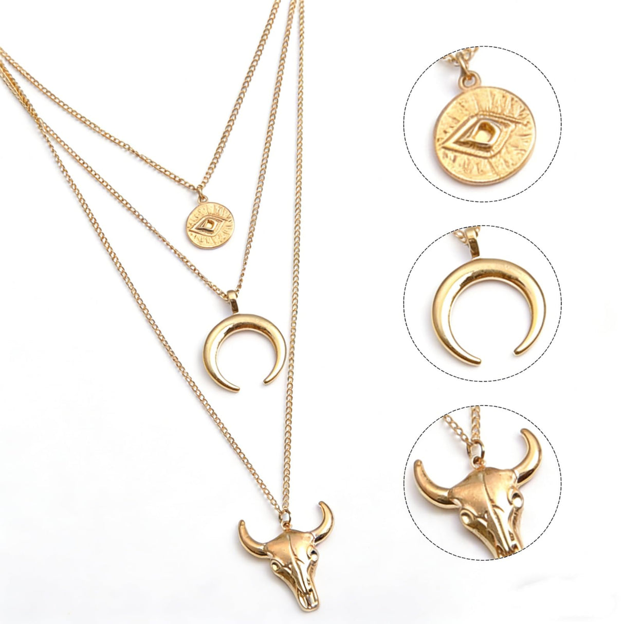 JHJEWH Women's Vintage Western Layered Necklaces Evil Eye Bull Head Crescent Moon Layered Necklace Boho Cowboy Cowgirl Geometric Pendant Chain Necklace Fashion Jewelry Gifts for Women (style2)