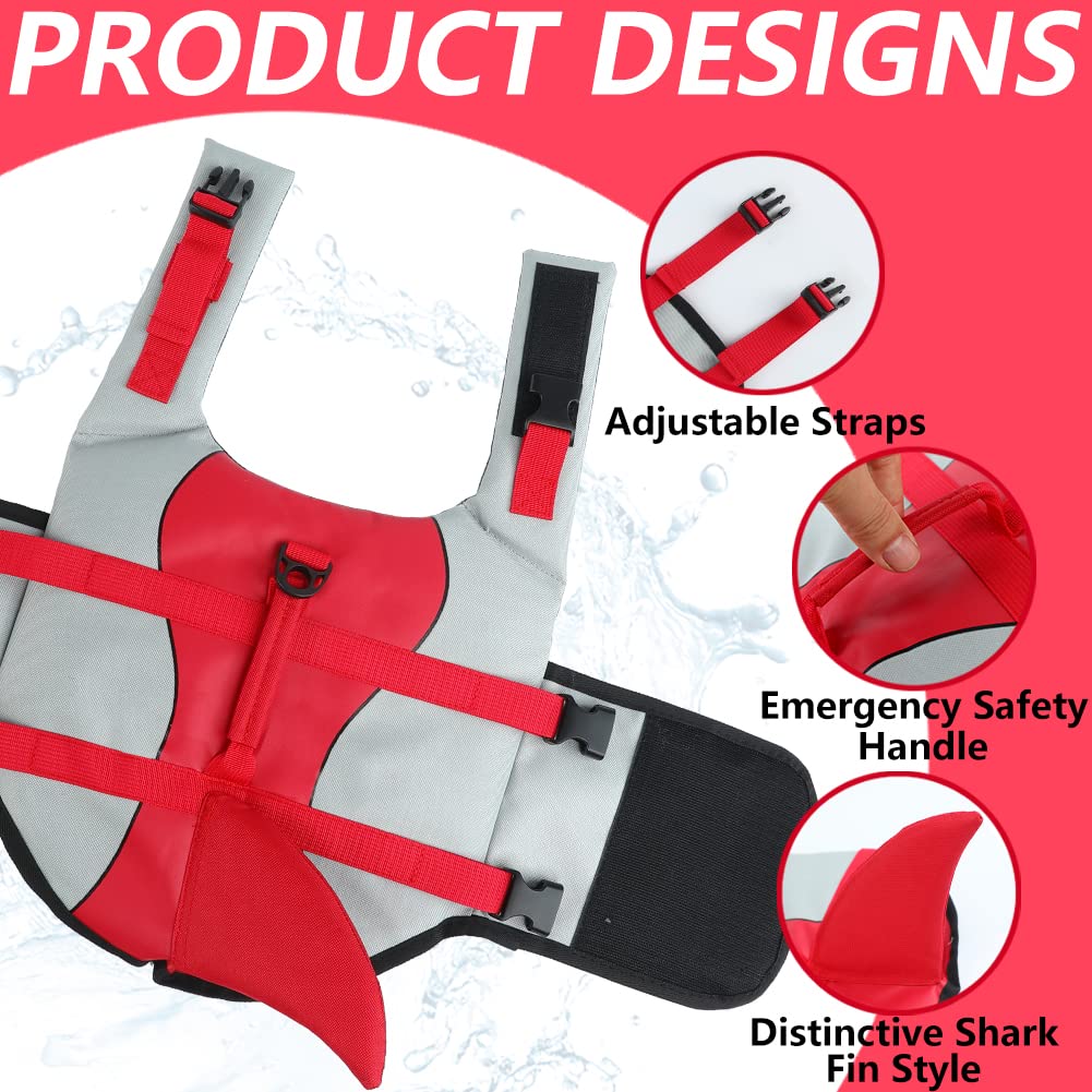 EMUST Shark Life Jackets for Dogs, Adjustable Ripstop Dog Life Vest for Water Safety Pet Life Vest with Rescue Handle Safety Vest for Swimming Pool Beach Boating, (L,Red)