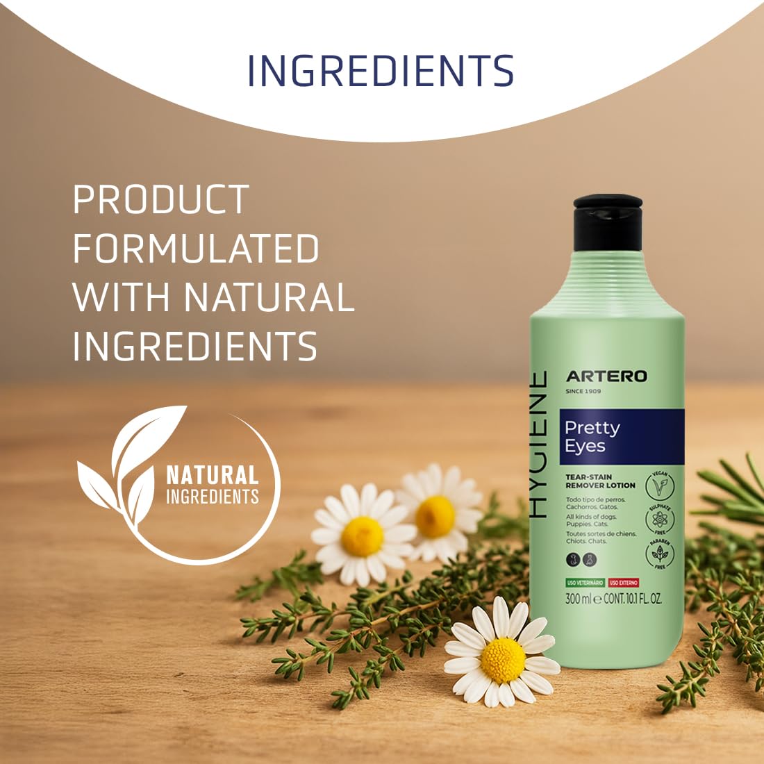 ARTERO Pretty Eyes. Eye Cleaner. Effectively removes Tear Stains from The Tear ducts of Dogs and Cats, ensuring a Clean and Healthy Appearance. 300 ml Bottle for Regular use.