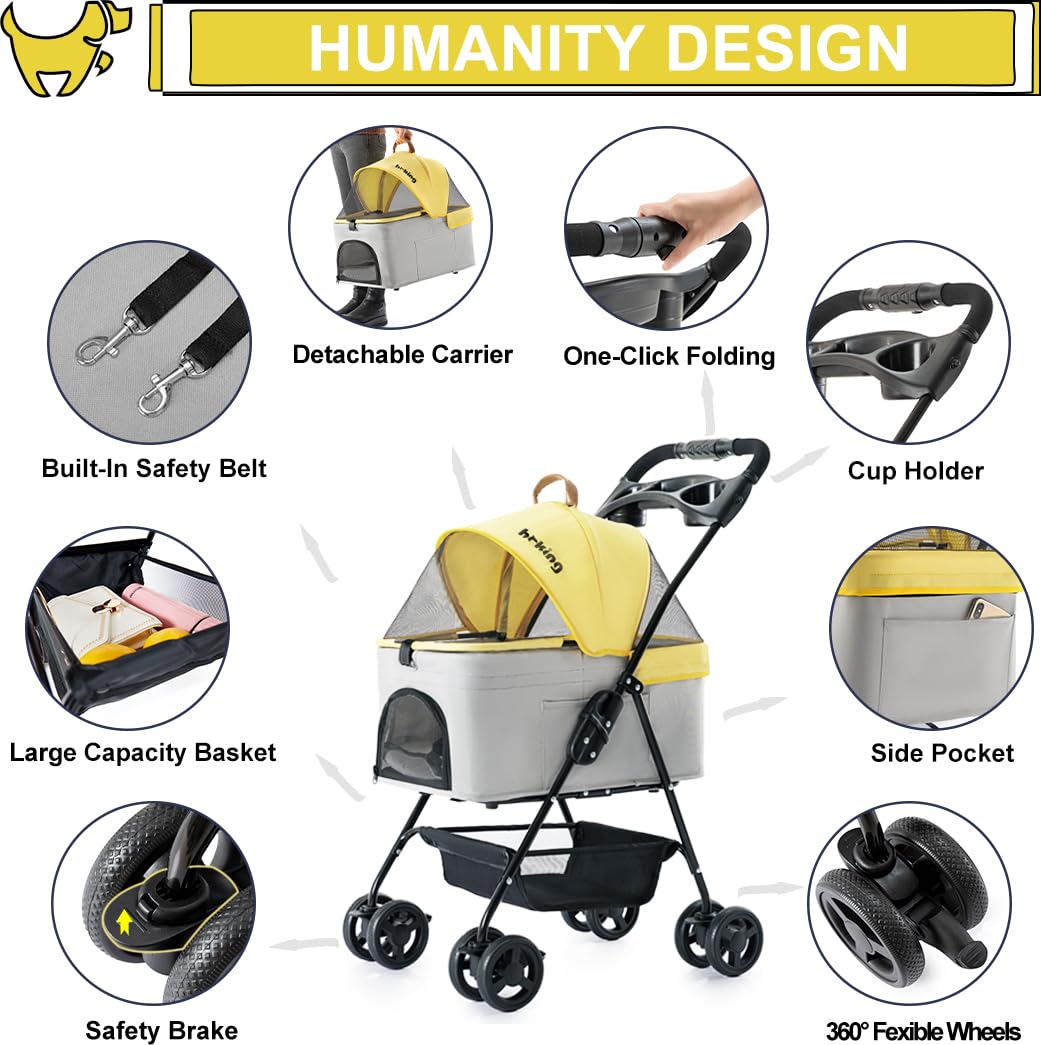 LPOTIUS 3-in-1 Pet Stroller for Small Dogs and Cats, Folding Lightweight Dog Stroller with Detachable Carrier Portable Cat Puppy Jogging Stroller with Cup Holder and Storage Basket, 4 Wheels